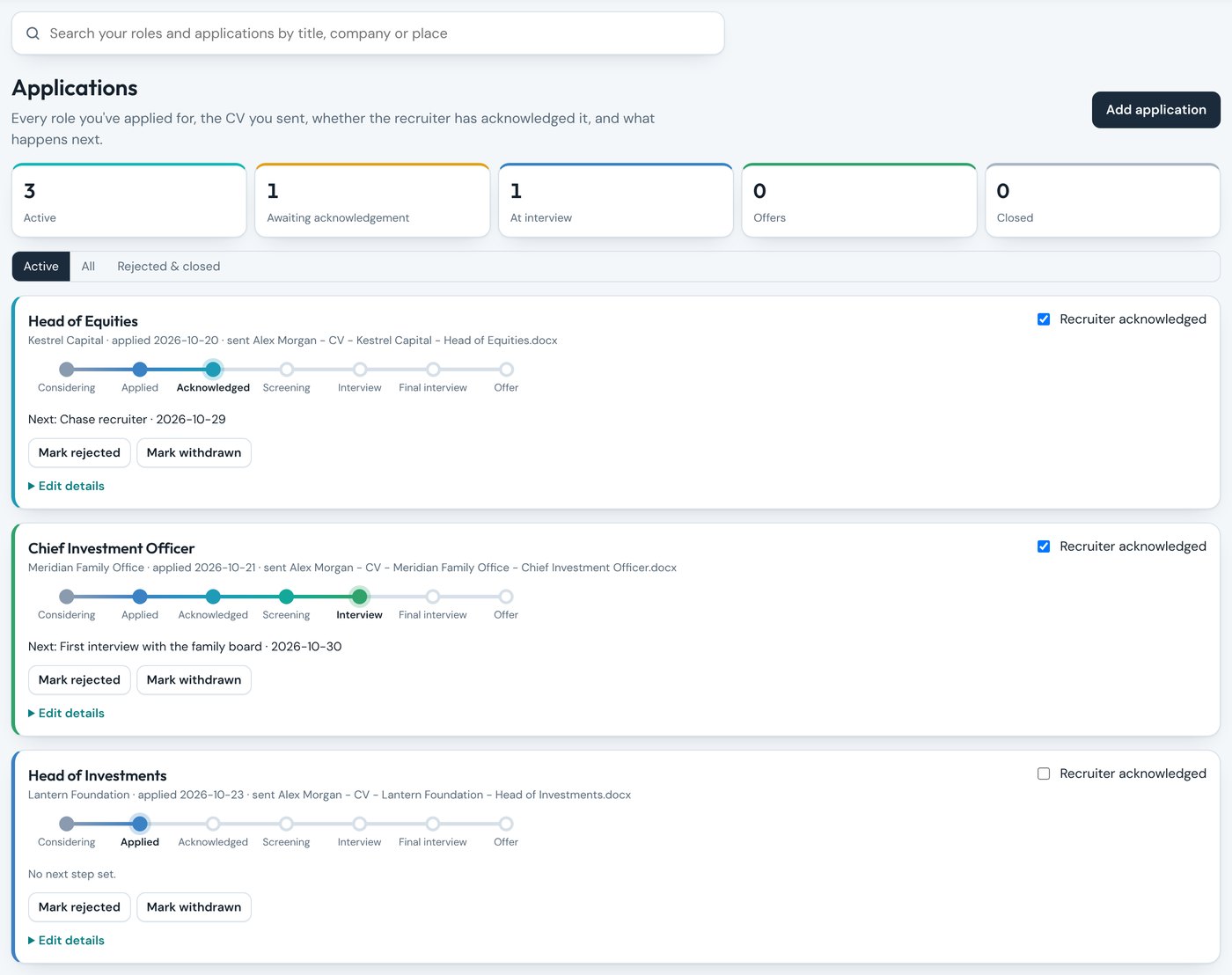 The application tracker with stages, recruiter acknowledgement and next steps