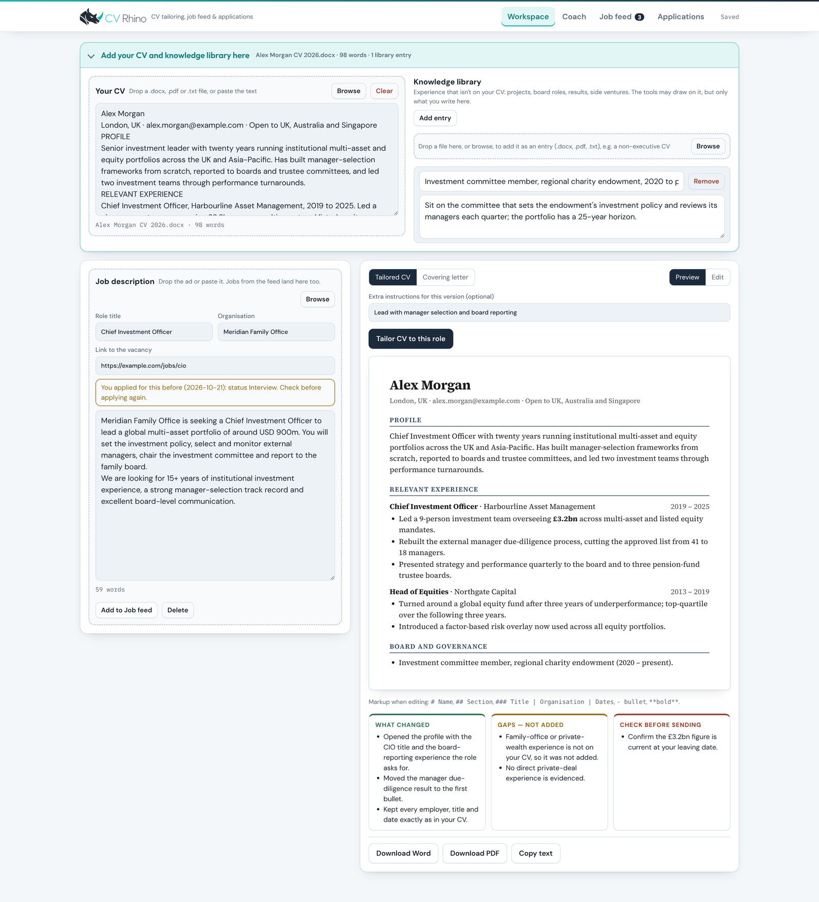 The CV Rhino workspace: your CV and the job description on the left, the tailored CV on the right